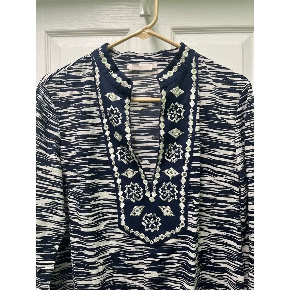 Tory Burch V-Neck Long Sleeve Mockneck Side Slit Mirror Accent Tunic Top Size 10